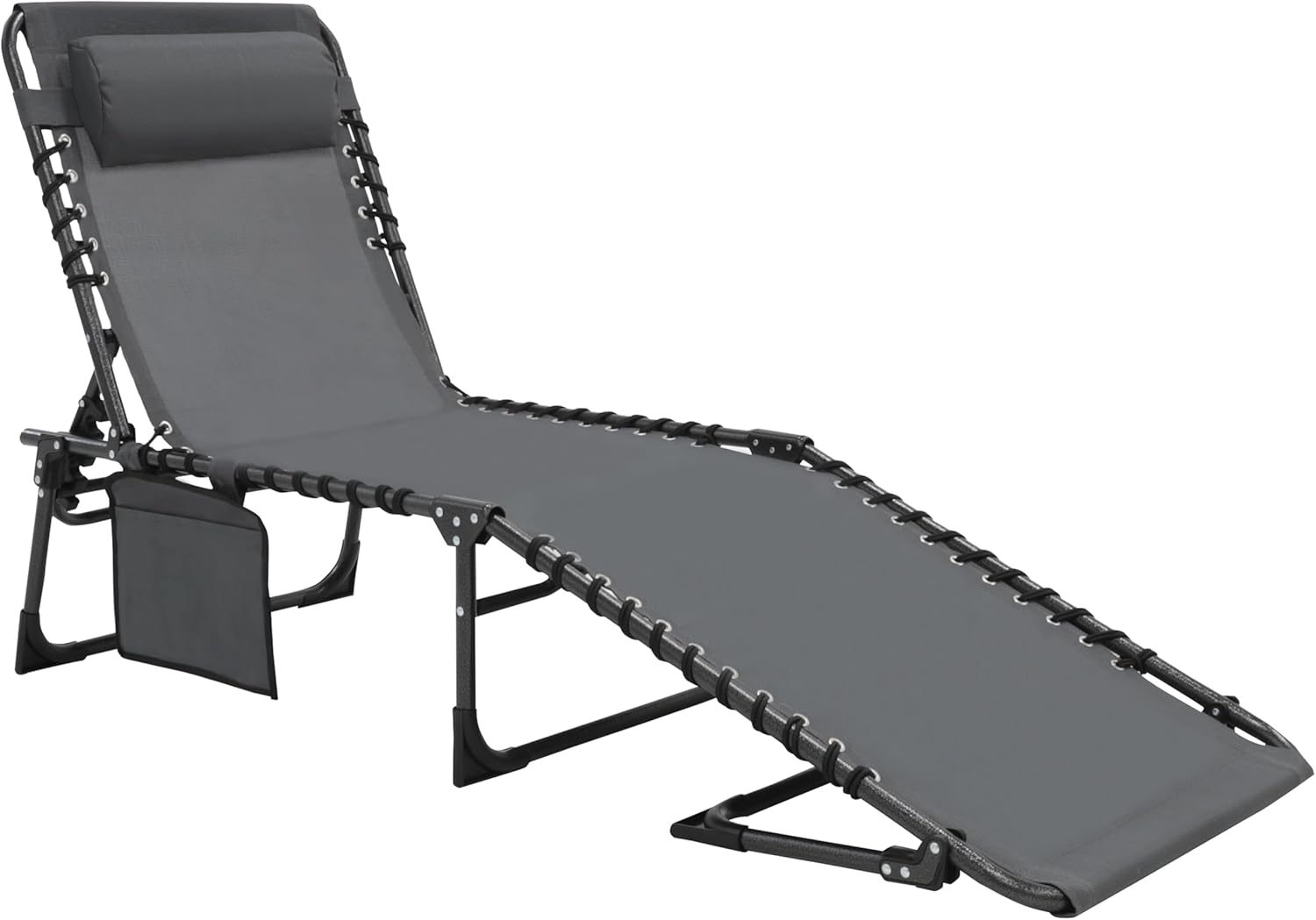 MUPATER 4-Fold Patio Chaise Lounge Chair for Outdoor with Detachable Pocket and Pillow, Portable Sun Lounger Recliner for Beach, Camping and Pool, Grey