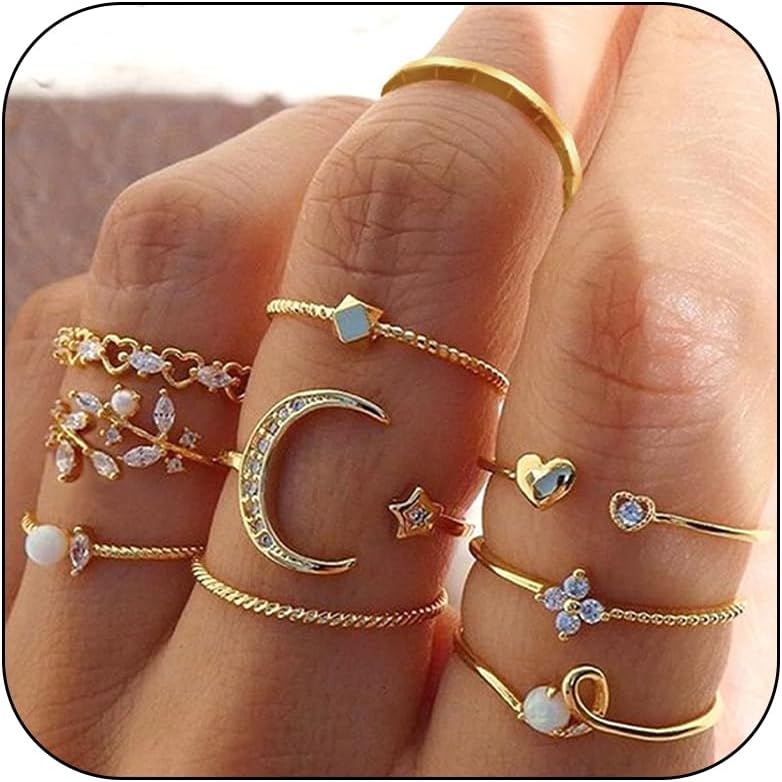 HUASAI Gold Stackable Rings for Women Trendy Cute Rings Stuff Boho Moon Star Butterfly Knuckle Ring Set Dainty Gold Rings Pack Jewelry Gifts