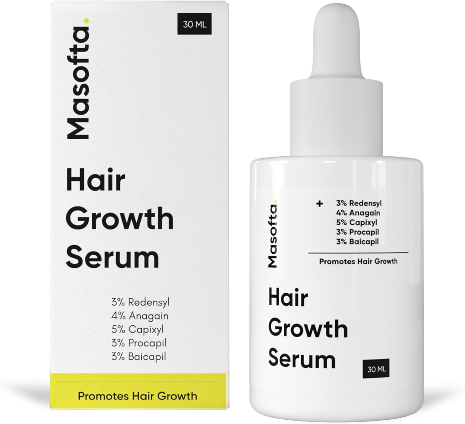 Masofta Hair Growth Serum For Promoting Hair Growth & Controlling Hair Fall With 3% Redensyl, 5% Capixyl, 4% Anagain, 3% Procapil & 3% Baicapil, Rosemary & Biotin, For Both Men & Women, White 30 ml