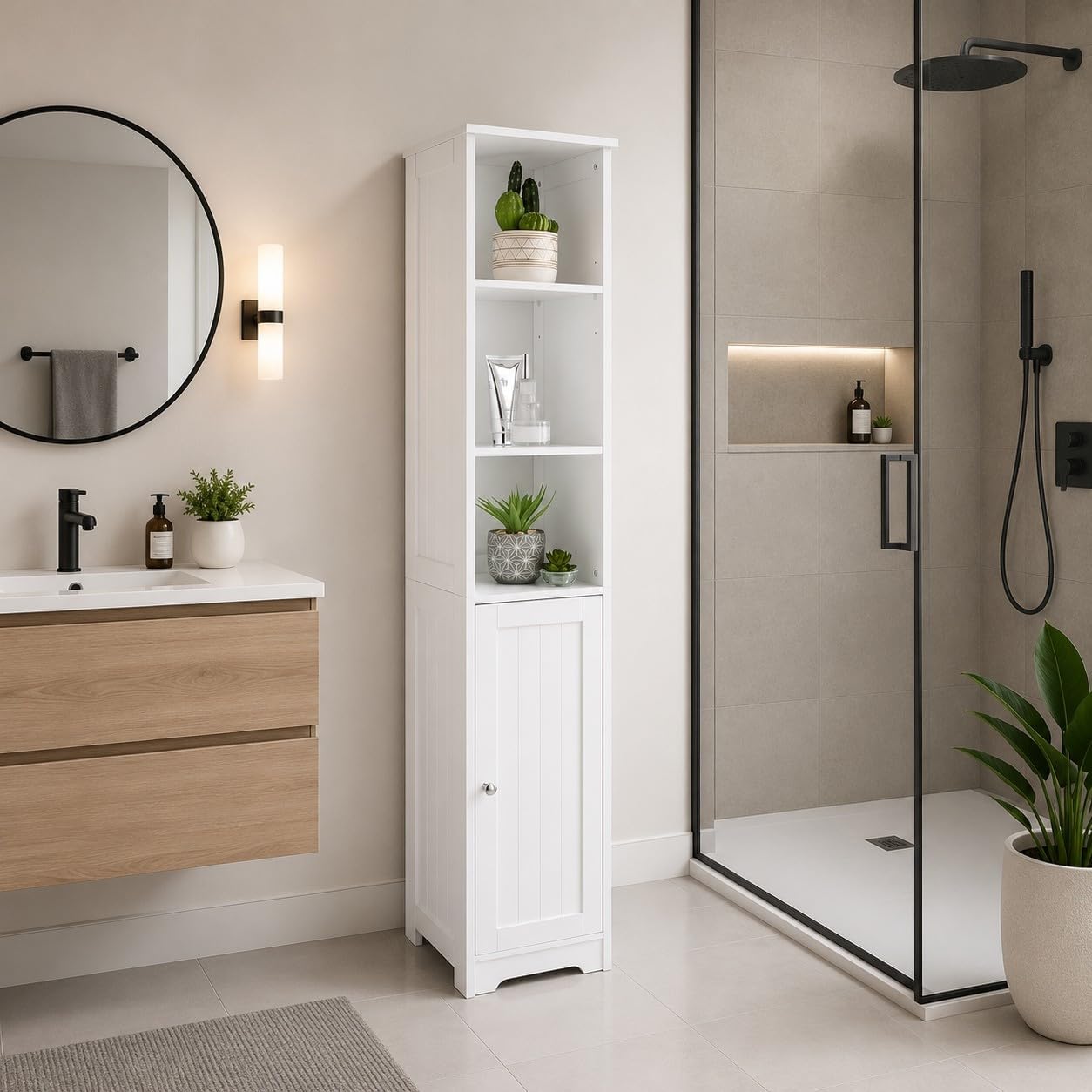 Saxony® Bathroom Storage Cabinet with 3 Shelves and 1 Door Tallboy White Wooden Furniture Unit tall narrow cupboard Slim Floor Standing Design cabinets