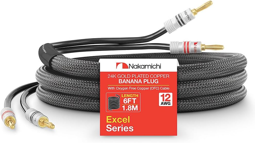 Nakamichi Excel Series 24k Gold Plated Banana Plugs With Speaker Cable Wire 99.9% Oxygen-Free Copper (OFC) Heavy Duty Braided for Amplifier Hi-Fi Home Theatre - Black (12 AWG / 6 feet / 1.8m)