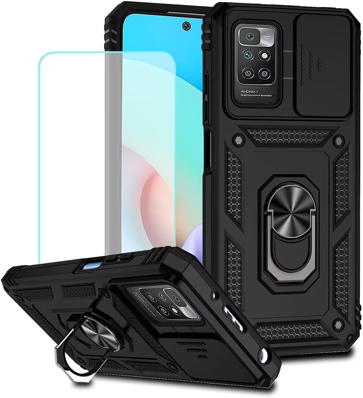 Jhxtech for Redmi 10 (2021/2022)/Redmi 10 Prime Case with Tempered Glass Screen Protector and Slide Camera Cover, Magnetic Ring Car Mount Holder Protective Cover for Xiaomi Redmi 10 2022 Black