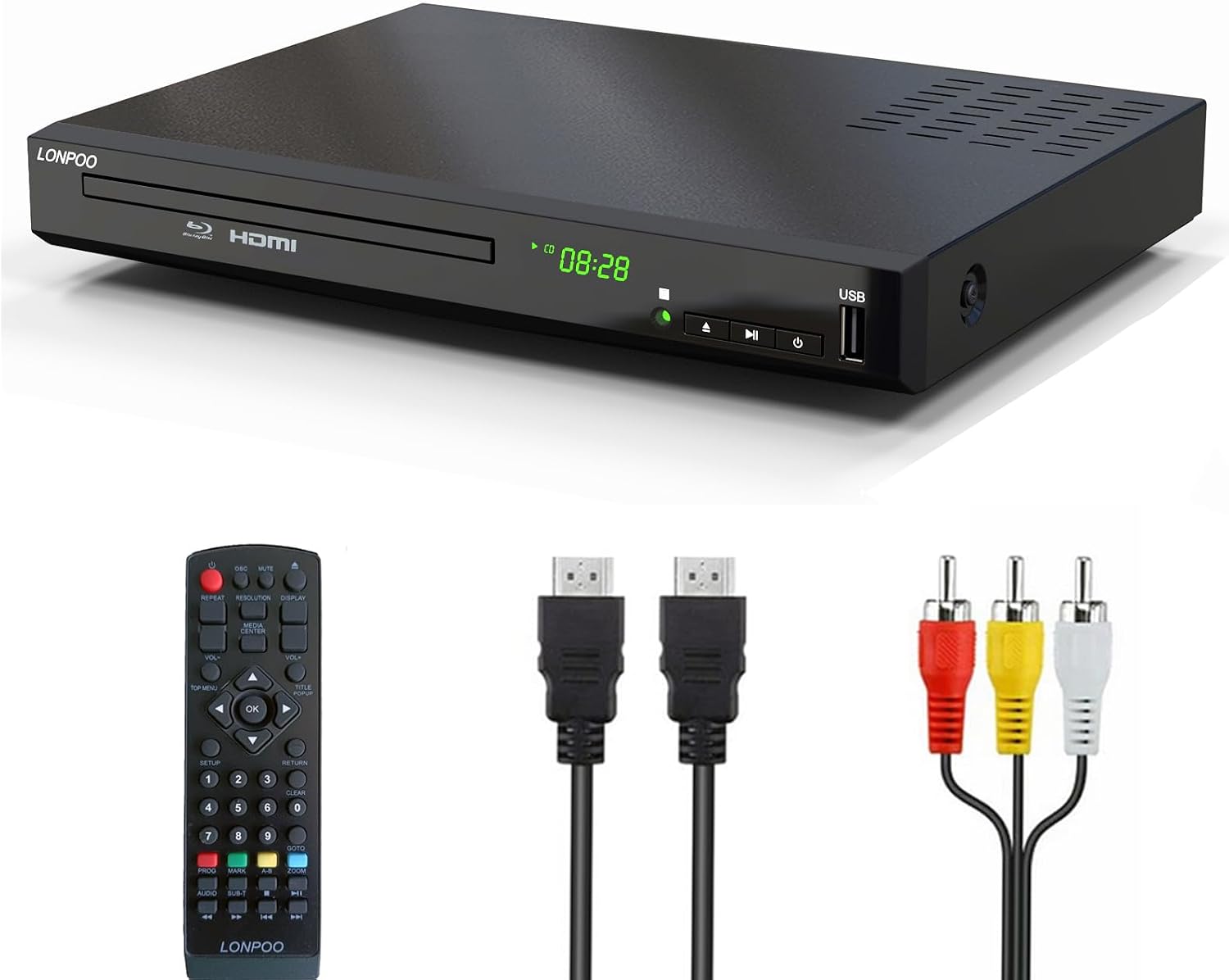 LONPOO LP-100 Blu-ray DVD CD Player for TV 1080P All Region HDMI USB USB-IN | Region B/2 Blu-Ray Disc and All Regions dvds, AV & Coaxial Output, USB Input,Dolby DTS Surround Sound, Metal Housing