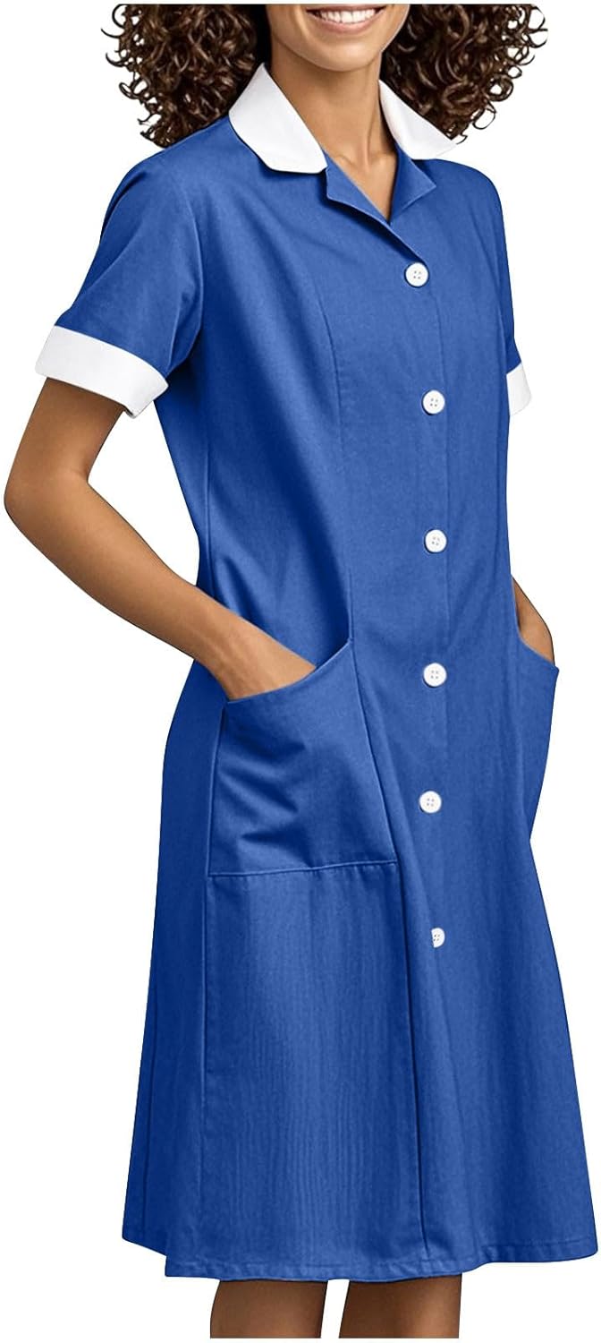 2025 Housekeeping Maid Uniform Dress Womens Button Down Scrub Dresses Workwear Pocket Short Sleeve Loose Dresses
