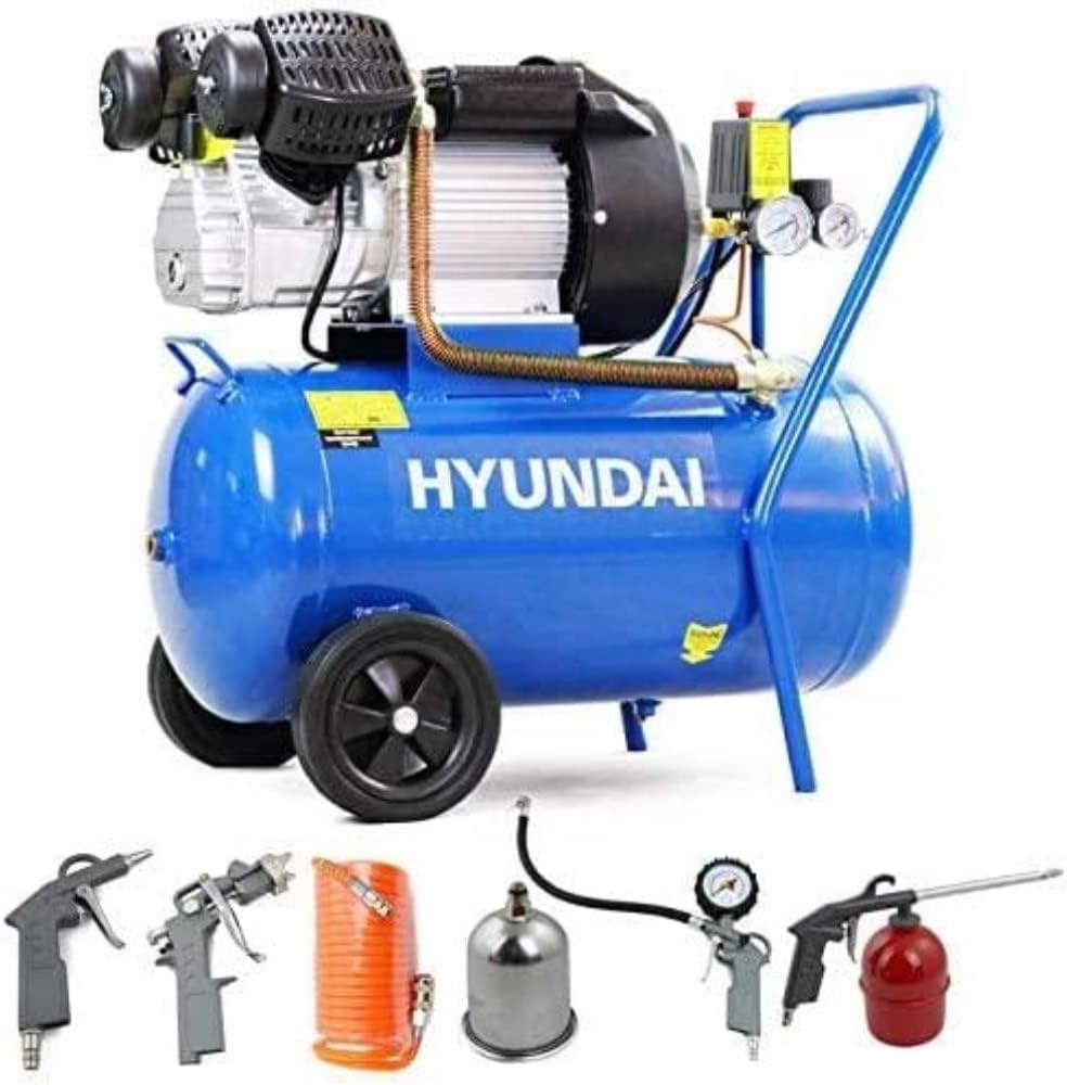 Hyundai 50 Litre Portable Air Compressor, 2.2kW, 116psi/14CFM, 3HP Air Compressor, Direct Drive V-Twin with 5 Piece Tool kit, Euro Quick Release Fittings, 2 Year Warranty Blue
