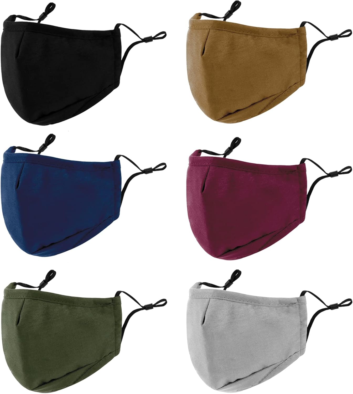 3-Ply Cloth Face Mask 6 Pack,Washable, Reusable and Breathable Face Covering with Adjustable Ear Protection Loops for Women and Men (Black/Grey/Wine Red/Dark Green/Dark Blue/Brown)
