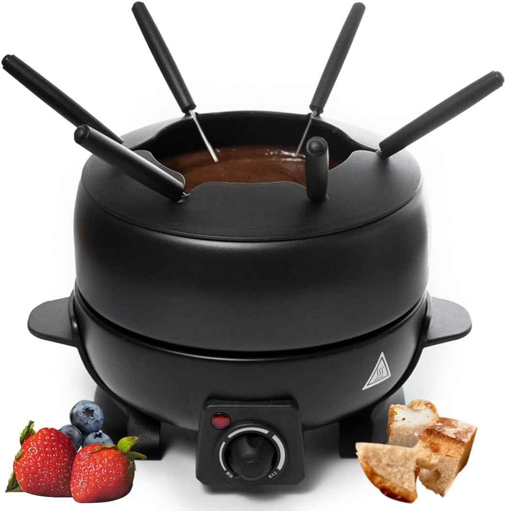 Electric Fondue Pot Set - 2-Liters Black Electric Pot with 6 Stainless Steel Fork - Temperature Control Ideal for Cheese, Caramel, Chocolate - Non-stick and Dishwasher Safe Fondue Pot Set by Stilaris