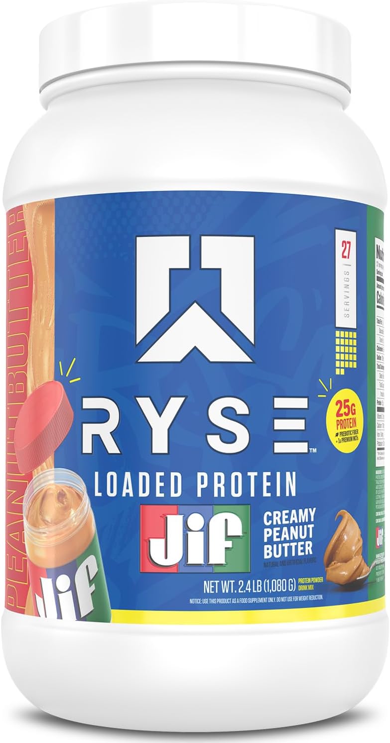 Ryse Loaded Protein Powder - JIF Creamy Peanut Butter - 25g Whey Protein Isolate & Concentrate with Prebiotic Fiber & MCTs - Low Carb, Low Sugar, Digestive-Friendly - 27 Servings / 2 lb Tub