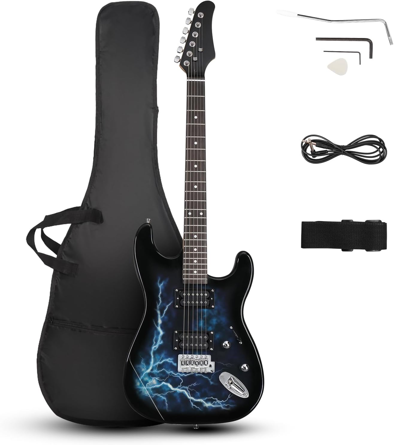 LALAHO Full Size Electric Guitar, 39" H-H Pickups Beginner Electric Guitars Kit with Shoulder Strap, Bag, Cable and Tremolo Arm (Lightning Blue)