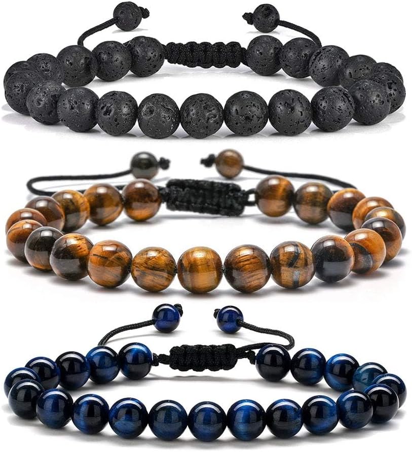 M MOOHAM Natural Stone Bracelets for Men - 8mm Tiger Eye, Matte Agate, Lava Rock - Teen Boys Gifts for Birthday, Anniversary, Christmas