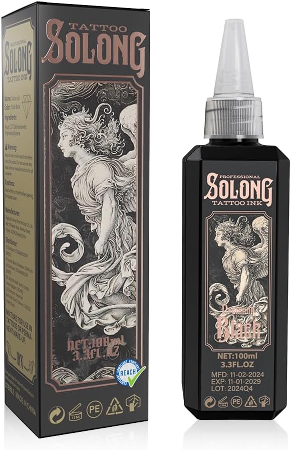 Tattoo Ink,Solong S Series 3.3oz(100ml) Professional Black Tattoo Ink for Outlining,Shading and Blending-Premium Black Tattoo Supplies,TI303S-100-031
