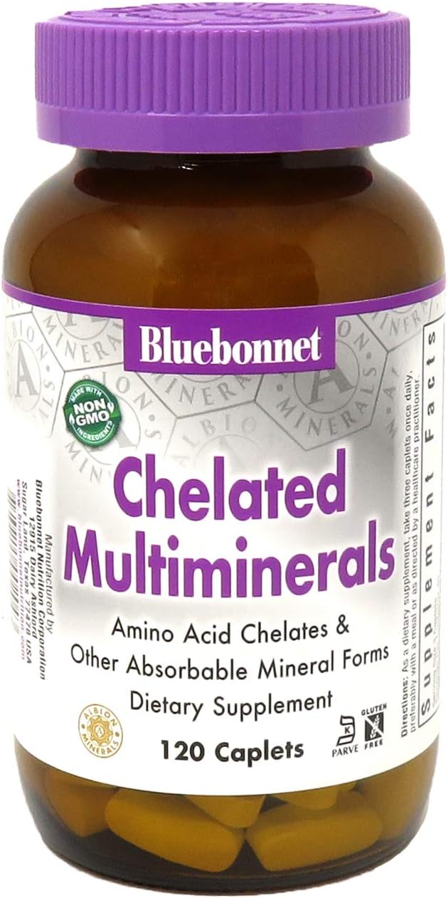 Bluebonnet Nutrition High Potency Chelated Multiminerals, Albion Chelated Minerals, Soy-Free, Gluten-Free, Non-GMO, Kosher Certified, Dairy-Free, 120 Caplets, 40 Servings
