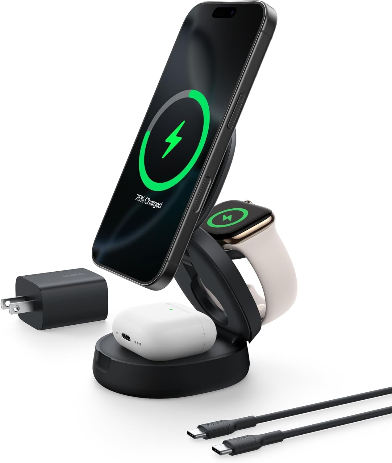 Belkin MagSafe Charger Compatible, 3-in-1 Qi2 Wireless Charging Station 15W, Convertible Wireless Charger for iPhone 16, Apple Watch, AirPods, Portable Phone Stand for Travel w/ 36W Adapter - Black
