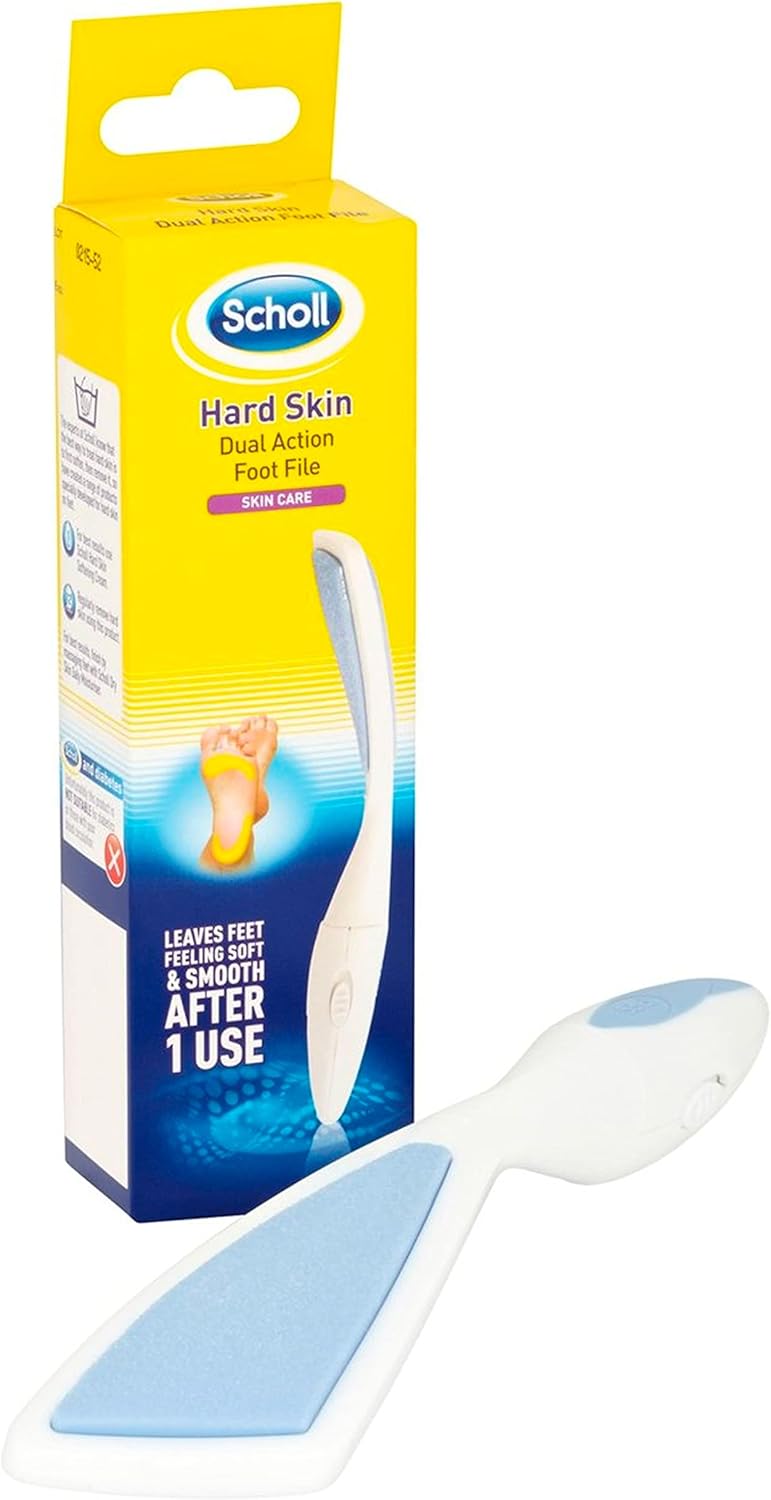 Scholl Hard Skin Dual Action Foot File - Hard Skin Removal and Rough Skin Smoothing for Soft Feet, Double-Sided with Coarse and Fine Sides, Extendable Soft Grip Handle, Washable & Reusable, 1 Unit