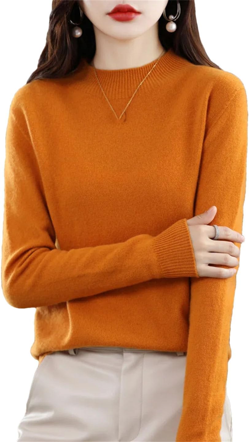 100% Merino Wool Cashmere Women Knitted Sweater Mock-Neck Long Sleeve Pullover