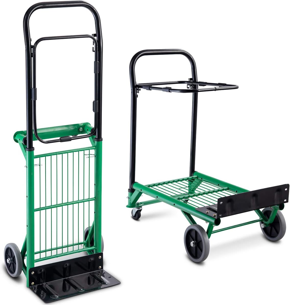 COSTWAY Folding Hand Truck with Height Adjustable, Heavy Duty Steel, 90kg Capacity, Portable Size, Sack Truck Trolley Dolly | 2 in 1 Multi-Functional Dolly| Gardening Platform Cart, Green