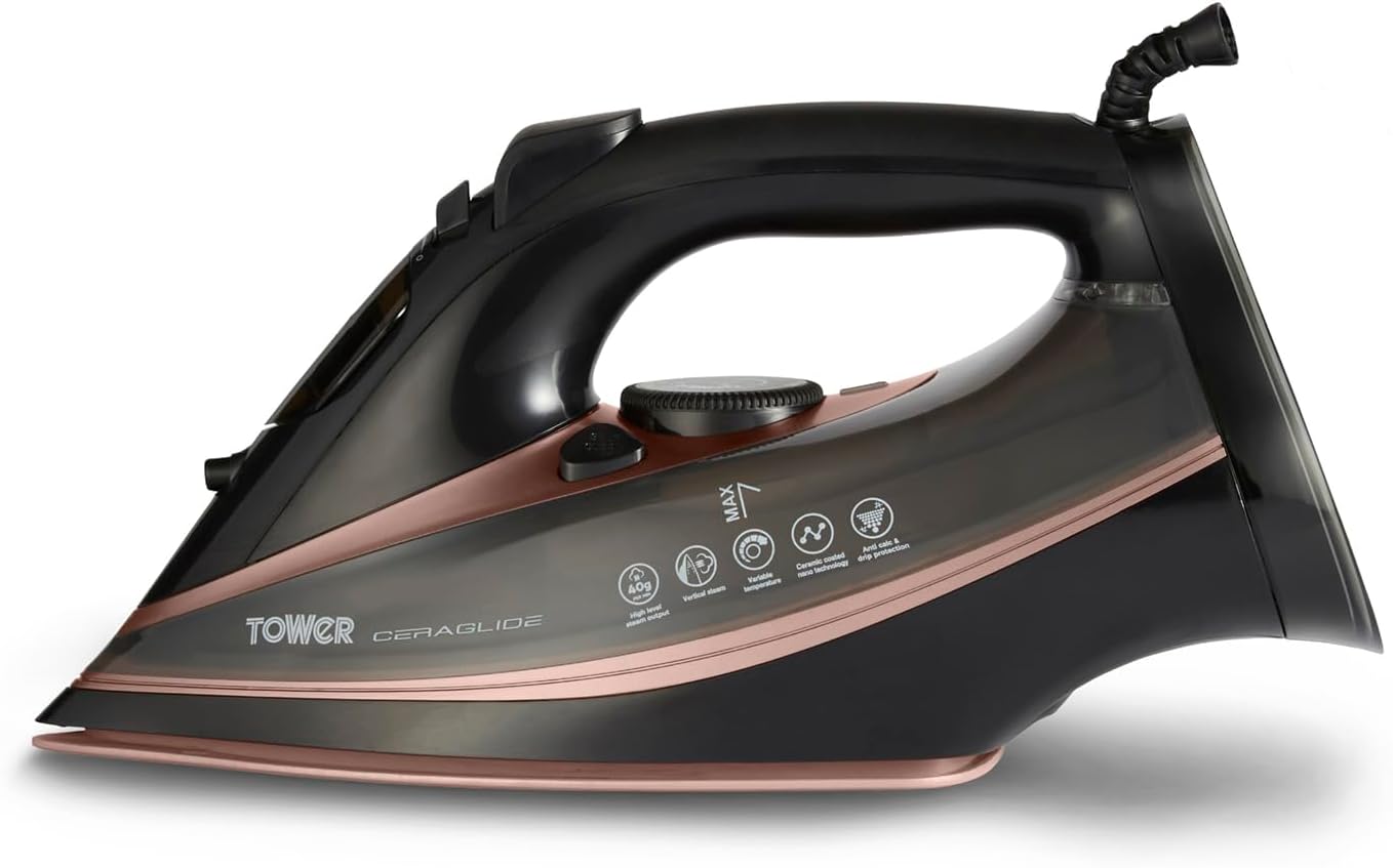 Tower T22013 CeraGlide Steam Iron, Ceramic Sole Plate, 3100 W, Rose Gold and Black