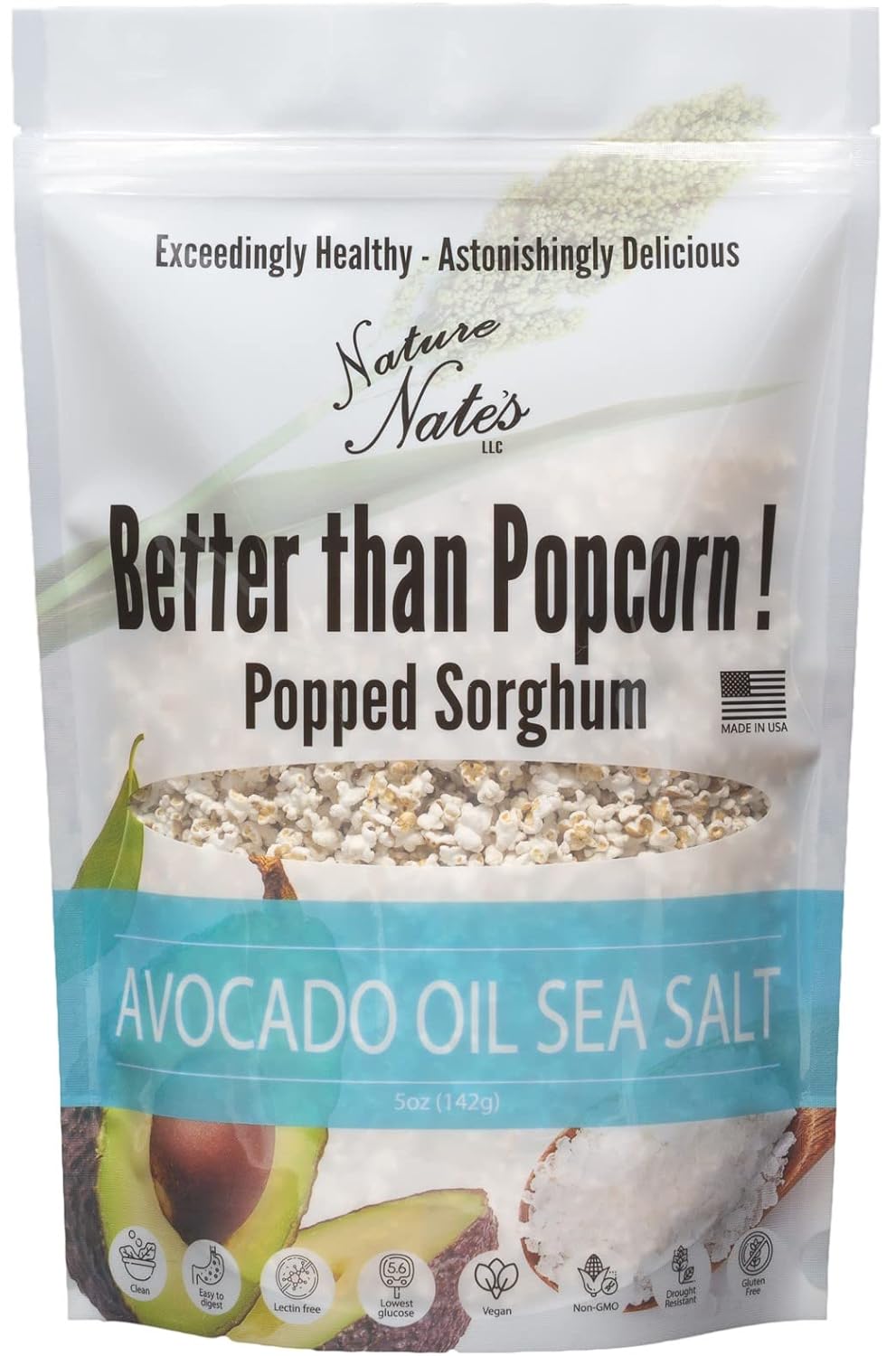 Nature Nate’s Popped Sorghum, Avocado Oil Sea Salt - Organic Sorghum, Keto & Gluten Free, Whole 30, Healthy Snacks, Better Than Popcorn, Made in USA - 5 Ounce