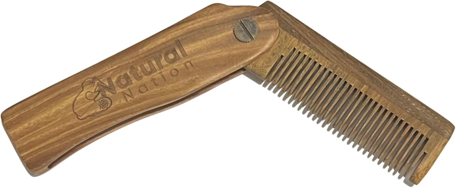 Folding Wooden Beard Brush/Hair Comb Stocking Filler Pocket Sized Durable Anti-Static Mens Eco Friendly Natural