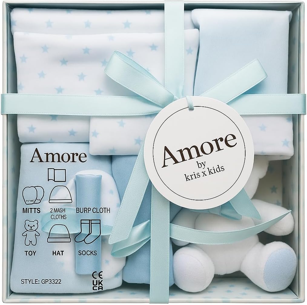 Newborn 7 Piece Luxury Boxed Baby Gift Set (0-3 Months) Newborn Baby Essentials & Newborn Baby Gift, Available in Blue, Pink & White (Blue)