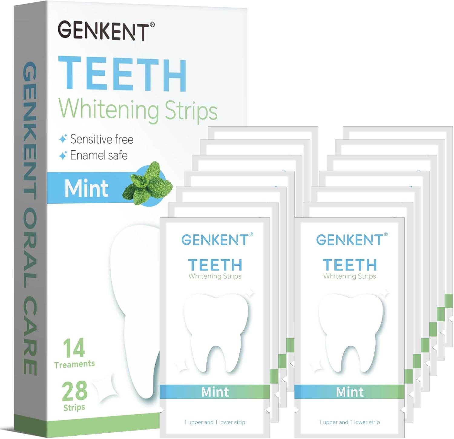 GENKENT Teeth Whitening Strips (14 Treatments) Mint Flavor, Gel Strip Technology, Non-Slip, Enamel-Safe Strips for Sensitive Teeth