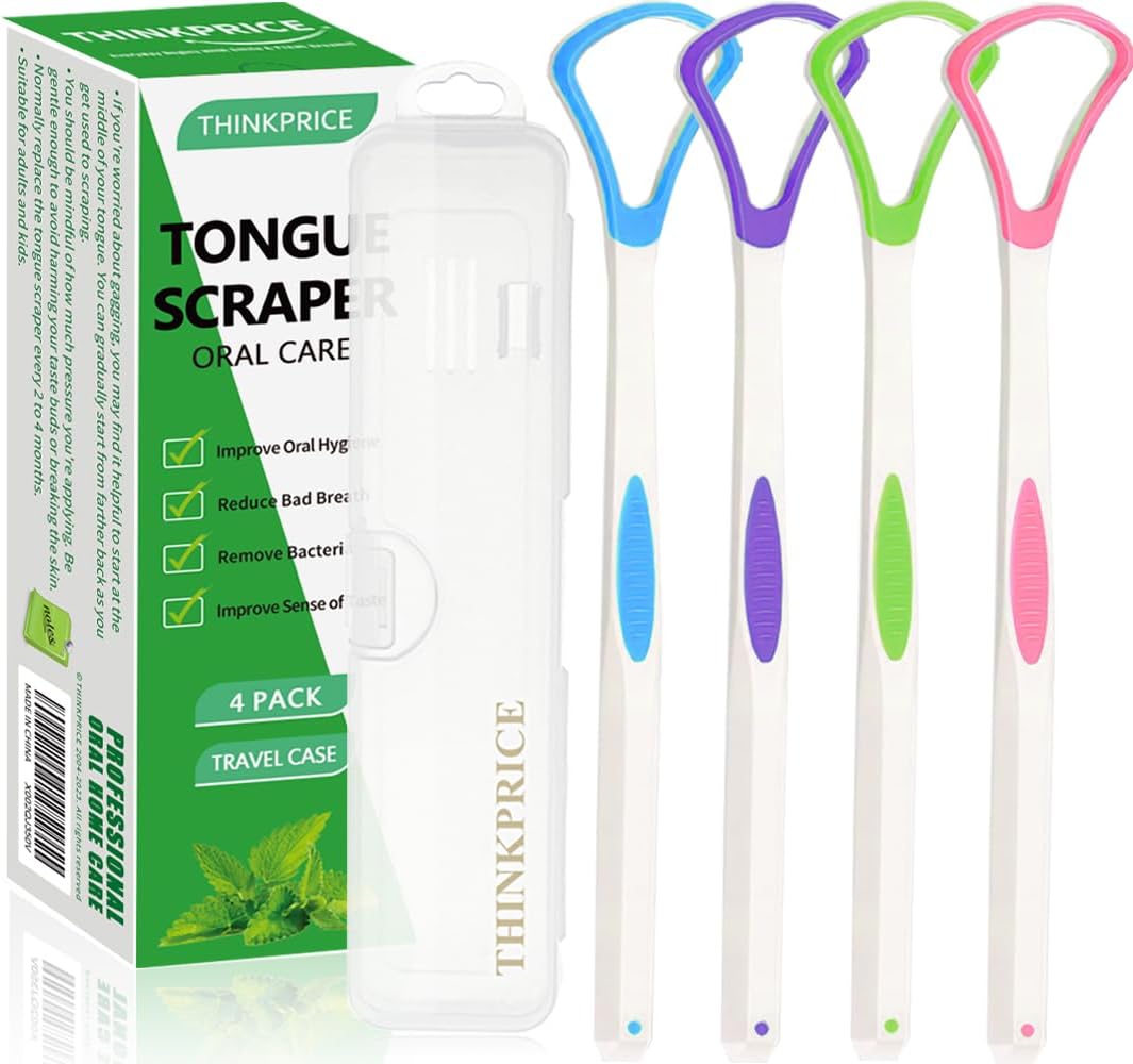 Tongue Scraper Cleaner 100% BPA Free Tongue Scrapers with Travel Handy Case for Adults, Kids, Healthy Oral Care, Easy to Use, Help Fight Bad Breath (4 PACK)