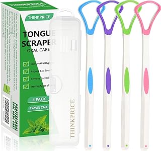 Tongue Scraper Cleaner 100% BPA Free Tongue Scrapers with Travel Handy Case for Adults, Kids, Healthy Oral Care, Easy to Use, Help Fight Bad Breath (4 PACK)