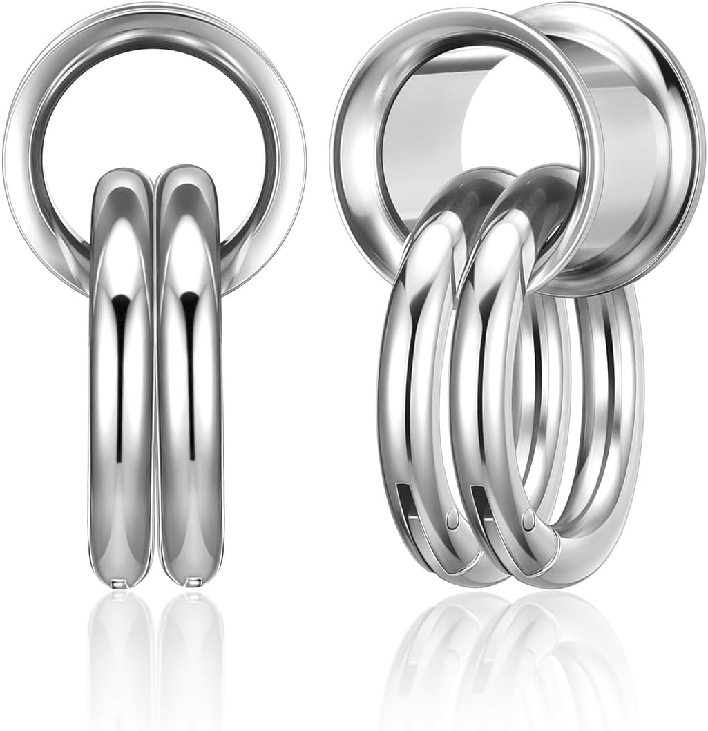 Zysta Ear Tunnels with Ring 00g Plugs Silver Stainless Steel Ear Spreader Double Flared 10mm Ear Gauges Earring Lobe Body Piercing Jewelry 8mm-14mm