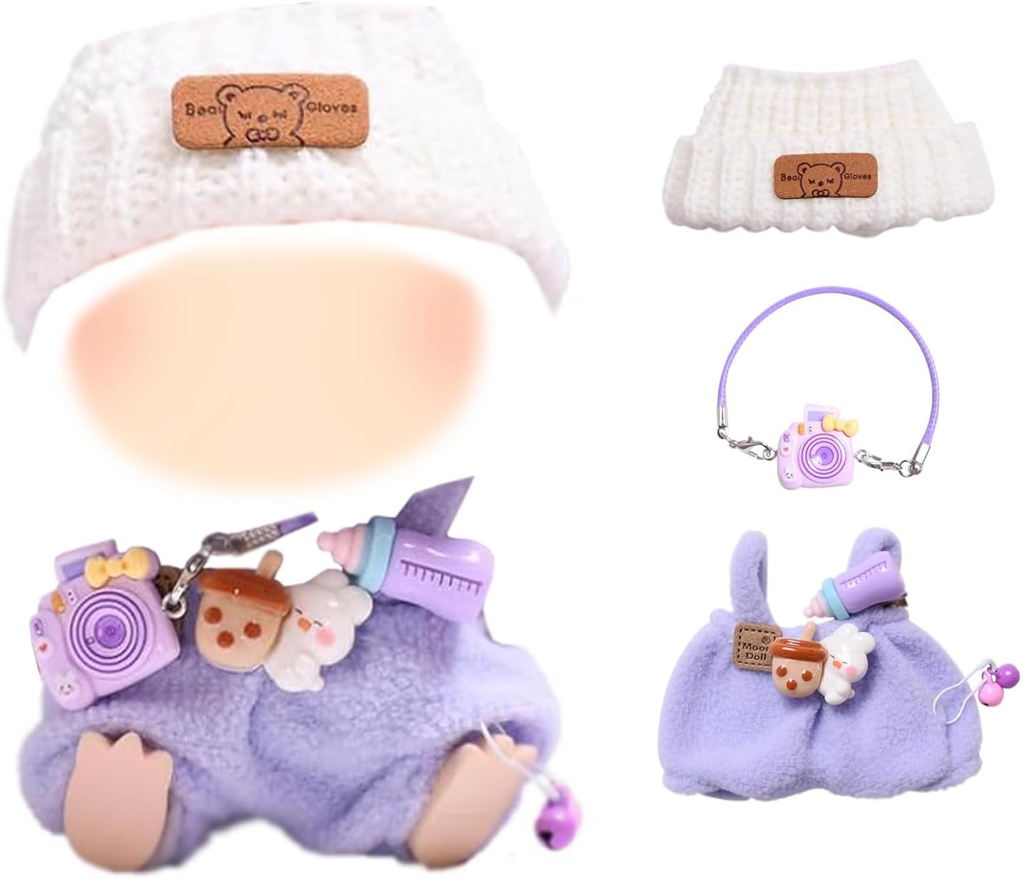 Doll Clothes for 17cm Plush Dolls, Includes White Headpiece, Lavender Overalls, and Purple Camera Accessories, Perfect for Doll Fashion and Play (No Doll)