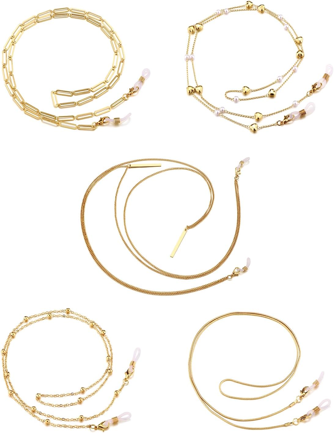Jovivi 5 Pieces Eyeglass Chains String Holders for Women 14K Gold Plated Stylish Link Necklace Around Neck Glasses Mask Sunglasses Chain Lanyard Eyewear Retainer Accessory Chain