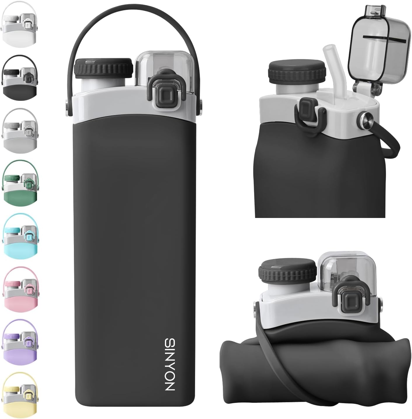 Collapsible Water Bottles, 20oz Silicone Reusable Water Bottle with Straw and Strap, Leakproof Foldable Sports Water Bottle for Travel Camping Running Hiking Gym, BPA Free