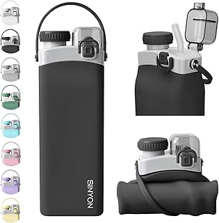 Collapsible Water Bottles, 20oz Silicone Reusable Water Bottle with Straw and Strap, Leakproof Foldable Sports Water Bottle for Travel Camping Running Hiking Gym, BPA Free
