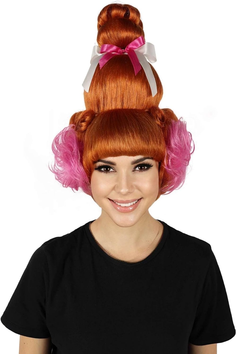 HPO HALLOWEEN PARTY ONLINE Ginger Bun Orange Wig with Ribbon & Ear Accessories – Bold Drag-Inspired Style for Women, Flame-Retardant Synthetic Hair for Cosplay & Party Wear