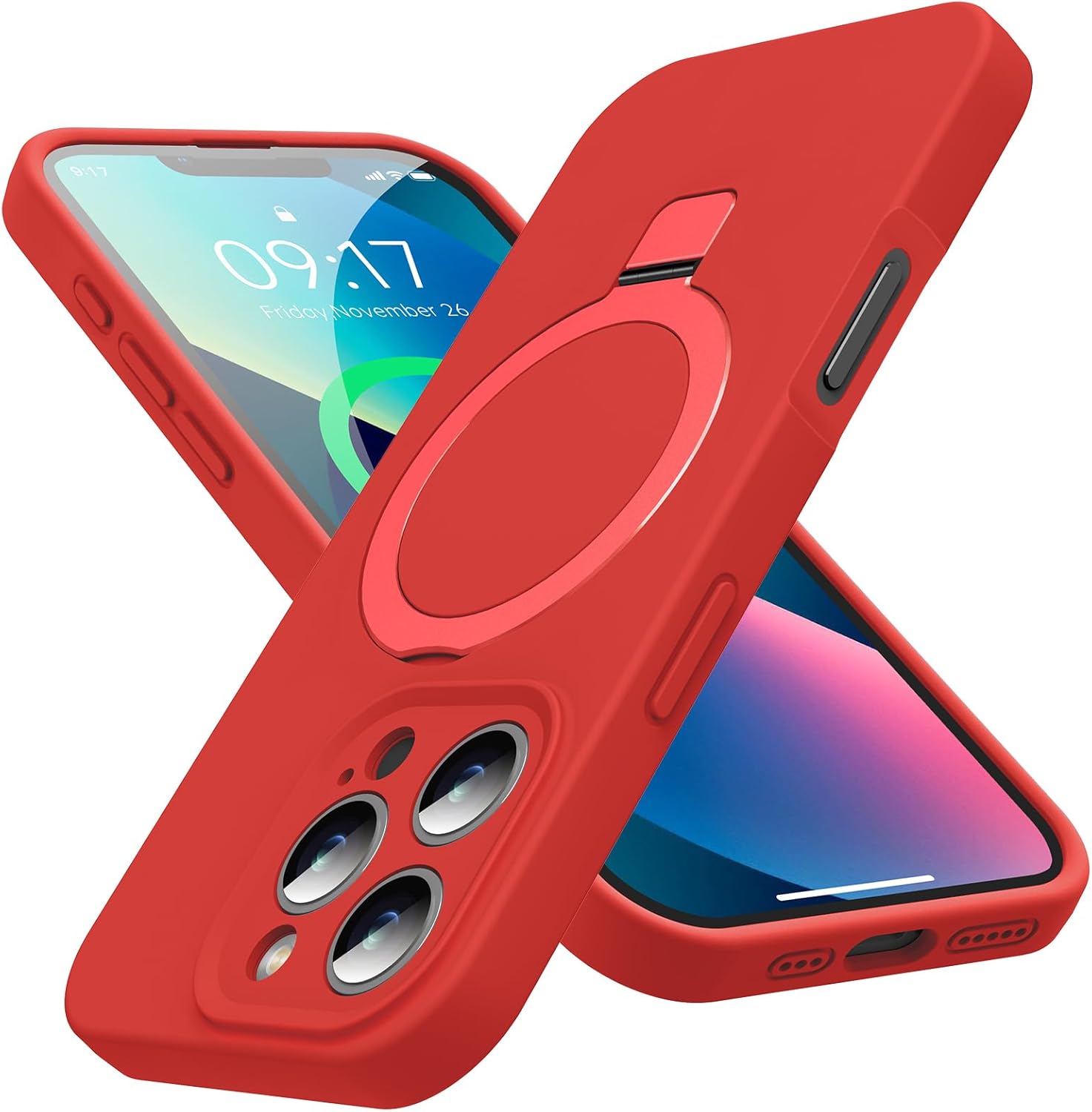 Mag-Ring Designed for iPhone 16 Pro Case, Liquid Silicone [Moisturizing Factor] Extreme Soft Slim Phone Case with Stand [Compatible with MagSafe] for 16 Pro 6.3 inch Men Women, Red