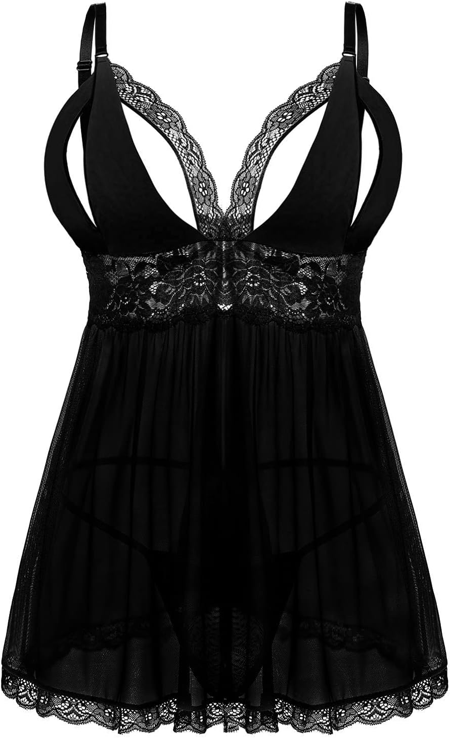 EVELIFE Women Sexy Plus Size Babydoll Dress Lace Babydoll Lingerie Chemise Nightwear Lingerie Set with G-String