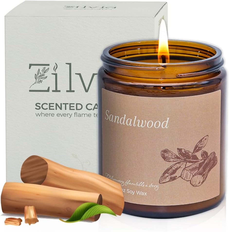 Sandalwood Candle for Home Scented Soy Wax Candle,Women/Men Candles Gift Set,9 Oz Luxurious Scented Candles,Amber Glass Jar Aroma Candle, White