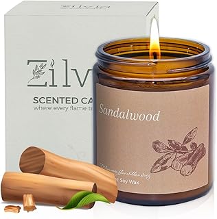 Sandalwood Candle for Home Scented Soy Wax Candle,Women/Men Candles Gift Set,9 Oz Luxurious Scented Candles,Amber Glass Jar Aroma Candle, White