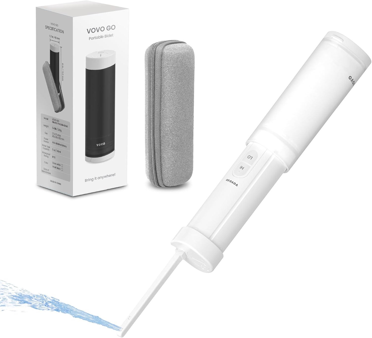 VOVO Go Portable Electric Bidet for Travel - 2 Adjustable Pressure Settings, Compact Handheld Bidet, Ideal for Personal Hygiene & Postpartum Care, Lightweight & Leak-Proof Design - 140ml, White