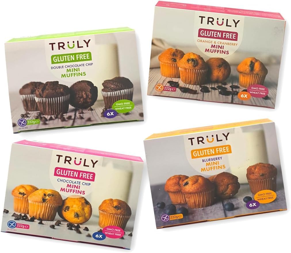Truly Gluten-Free Mini Muffin Variety Pack, 2 Double Chocolate Chip, 2 Chocolate Chip, 1 Blueberry, 1 Orange and Cranberry, 6 Muffins Each