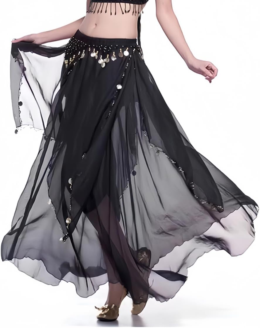 Women's Chiffon Belly Dance Costume Skirts Indian Dance Skirt with Coins