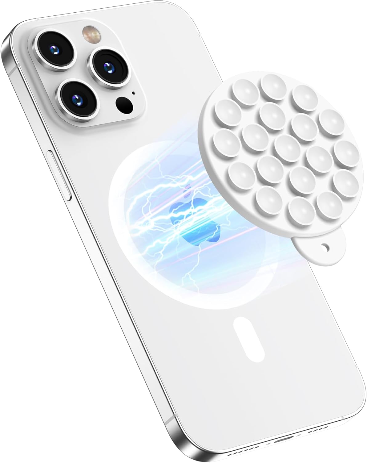 Magnetic Suction Cup Phone Mount for MagSafe Case, Silicone Hands-Free Grip Holder for iPhone and Android, Mirror Shower Phone Stand for Makeup FaceTime Gym Kitchen Bathroom, White