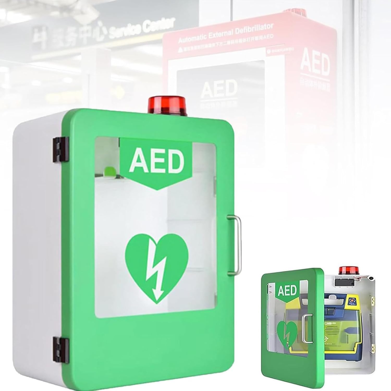 Outdoor Wall-mounted AED Alarm Box Wall Mount Storage Cabinet for Defibrillators PVC Transparent Window Fits Most AED Models for Office,Hospital,Public Places,Green