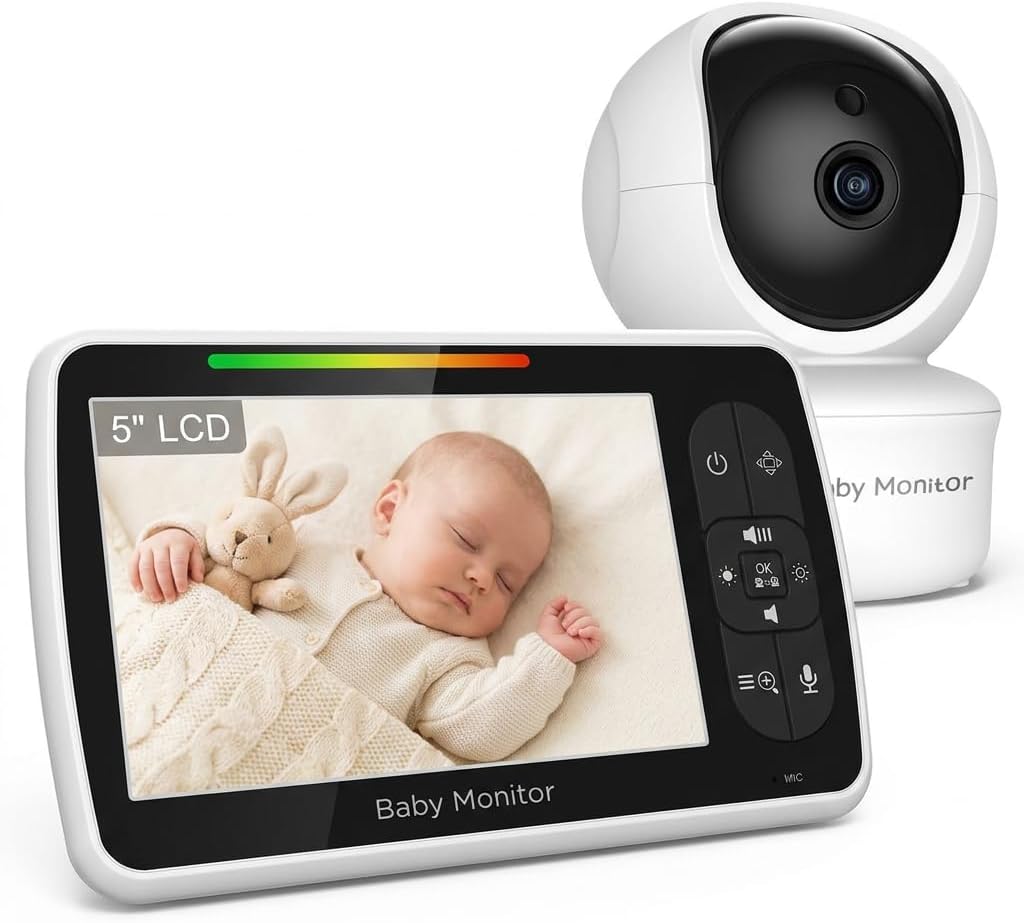 Baby Monitor with Camera and Audio, 5" Display Smart Baby Monitor, Video No WiFi, 120° Vertical, 355° Rotation, Night Vision, 2-Way Talk, VOX, Temperature, Cry Detection, 960FT Range (SM650)