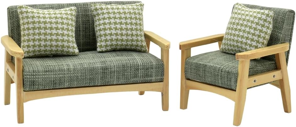 iland Dollhouse Couch and Miniature Sofa Set with Mini Houndstooth Cushions, Dollhouse Furniture on 1/12 Scale for Dollhouse Living Room (Grey Green)
