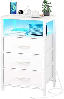 Yoobure Night Stand with Charging Station, 16 Colors LED Nightstand with USB Ports and Outlets, End Table with 3 Fabric Drawers and Storage Shelf, Bedside Tables Small Dresser for Small Space White