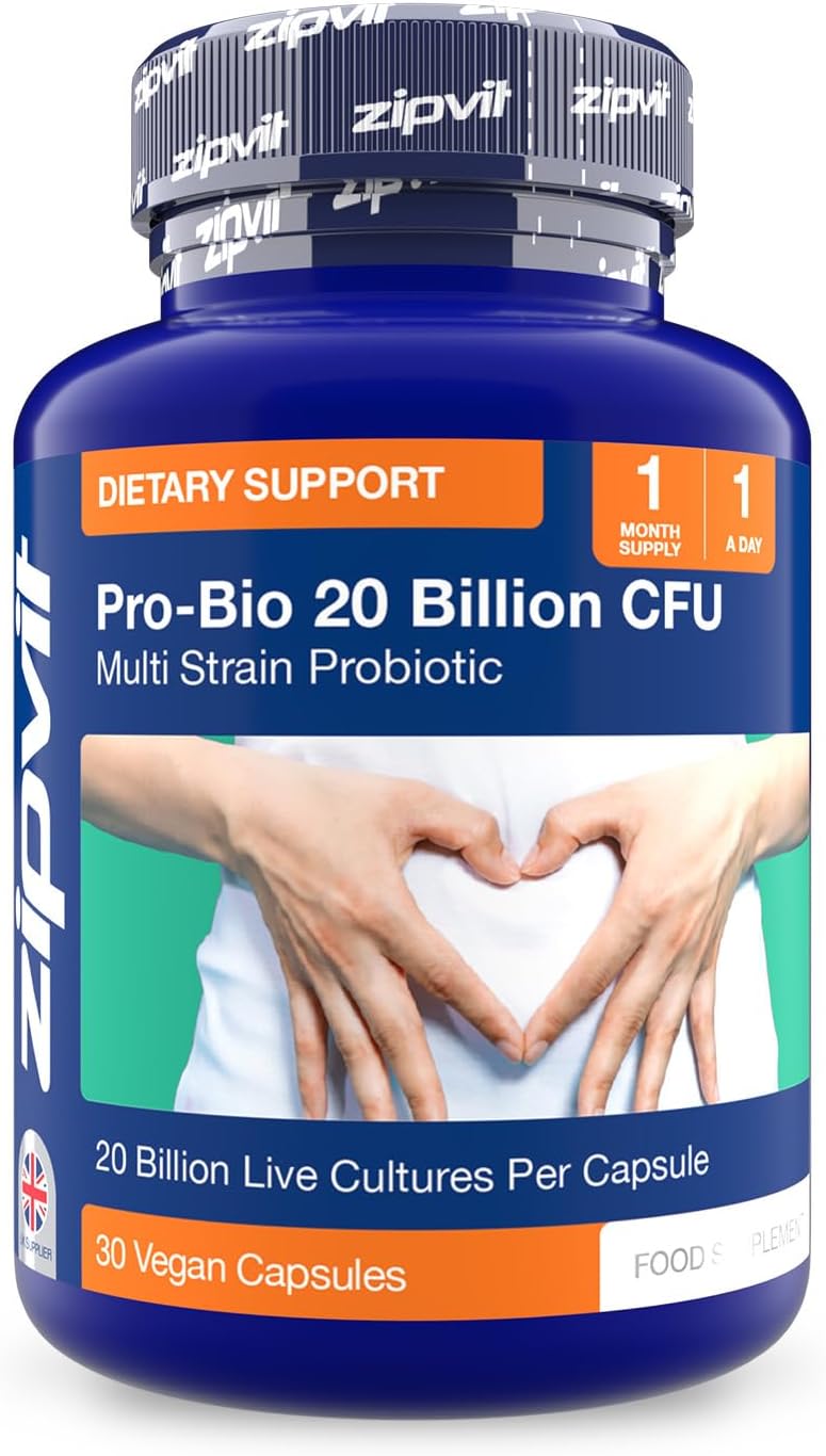 Zipvit Pro Bio 20 Billion CFU Probiotics for Gut Health, High Strength, 30 Vegan Probiotic Capsules for Men & Women, 3 Live Bacterial Cultures, Lactobacillus & Bifidobacterium Animalis