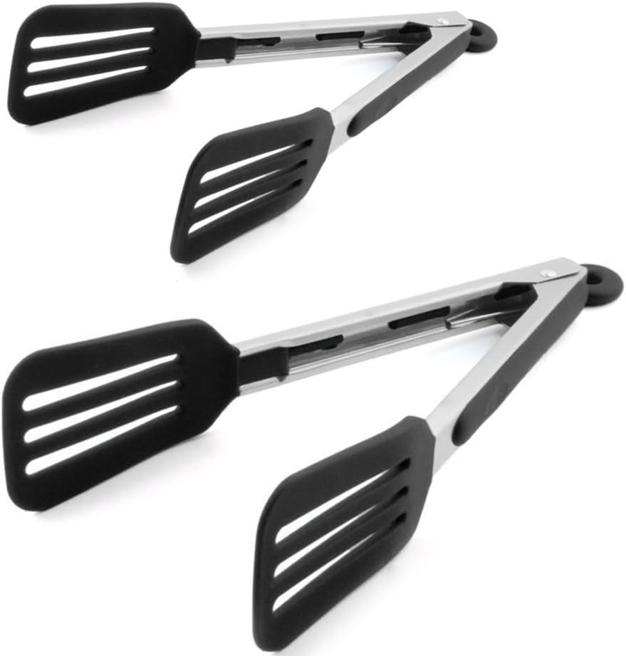 Cooking Tongs 9 inches and 12 inches Stainless Steel Kitchen Silicone Serving Tongs Heat Resistant Meat Turner Spatula Tongs with Locking Handle Joint