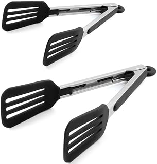 Cooking Tongs 9 inches and 12 inches Stainless Steel Kitchen Silicone Serving Tongs Heat Resistant Meat Turner Spatula Tongs with Locking Handle Joint