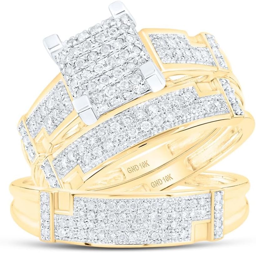 His and Hers Bridal Womens and Mens Engagment and Wedding Band Complete Trio Matching Wedding Rings Set 10K Yellow Gold Round Diamond Square 1/2 Cttw
