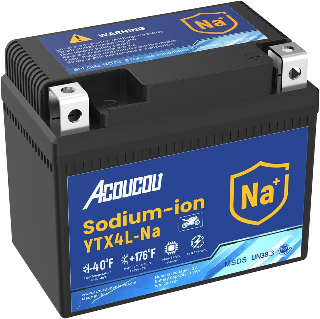 Acoucou YTX4L-BS Motorcycle Battery, 12V Sodium-Ion Battery, 140CCA, High Performance Rechargeable Maintenance Free Batteries For Motorcycles, ATV, Lawn Mowers, Scooter,UTV, ect.